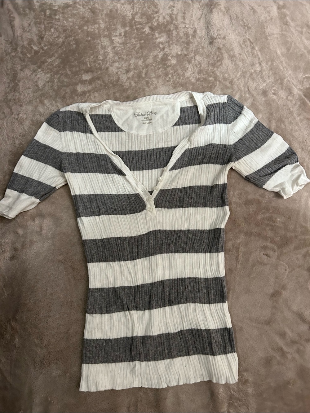 Striped Ribbed Henley Top - Gray & White faded glory